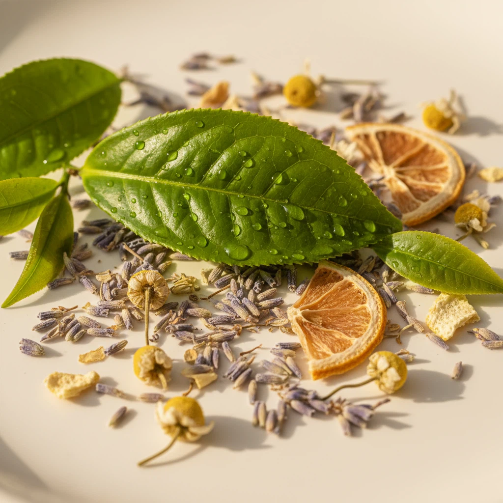Verse groene thee bladeren, plantaardig ingrediënt in Ozalyn