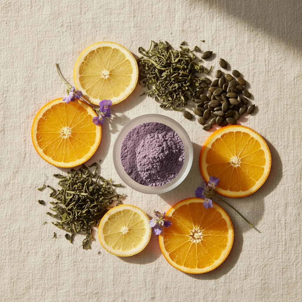 Platliggend overzicht van plantaardige ingrediënten voor Ozalyn: groene thee bladeren, magnesiumzaden en citrus