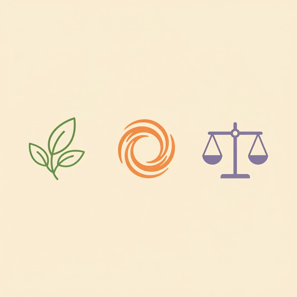 Schematische illustratie metabolisme stappen: bladpictogram, energie-cirkel en balansschaal in paars en groen
